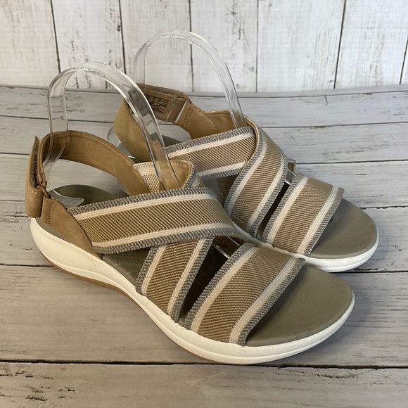 Clarks Mira Lily Tan, Gray and White Elastic Open Toe Sling Back Velcro Sandals - Picture 1 of 13